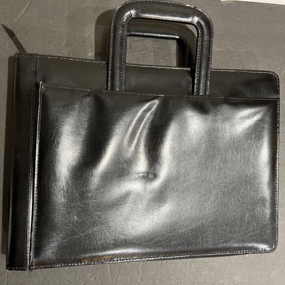 Leather Briefcase 7 Ring Binder Attaché Hide Away Handles Zip Portfolio Black - Picture 1 of 16